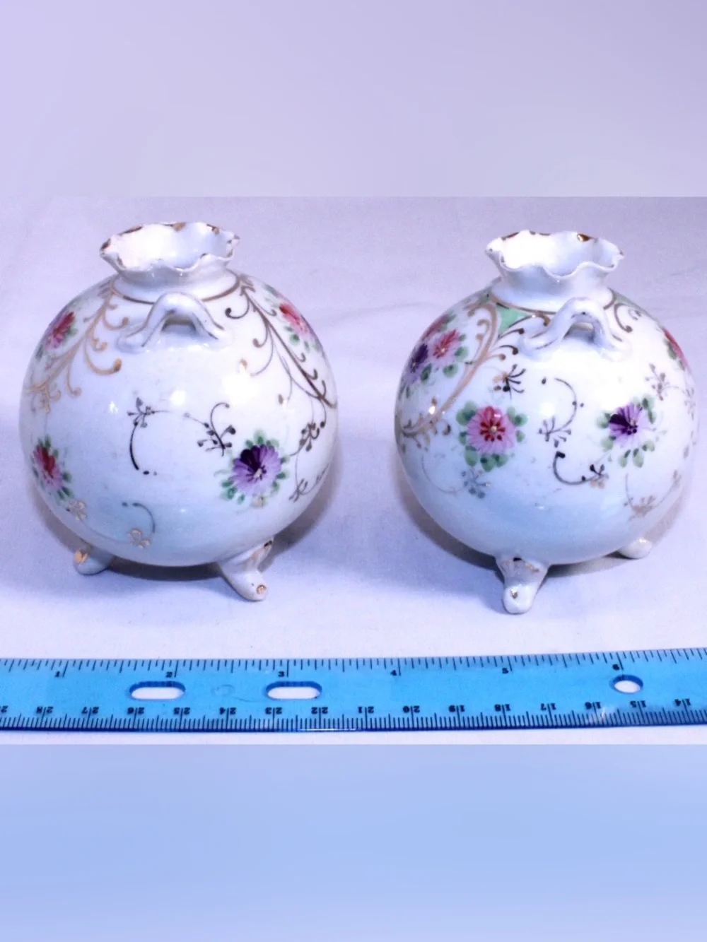 Set of 2 Floral Porcelain Bud Vases - White with Pink & Purple Flowers Gold Trim